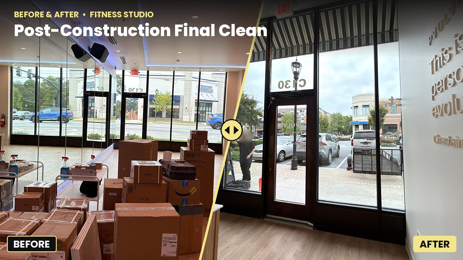 Post-construction final clean of a fitness studio in metro Atlanta, before and after